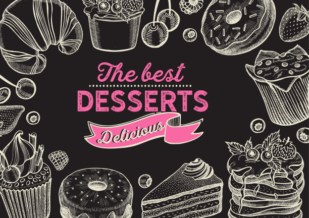 甜点插图-蛋糕，甜甜圈，羊角面包，纸杯蛋糕，松饼面包店。矢量手绘海报的食物咖啡馆和糕点车。设计与字母和涂鸦复古图形。图片下载