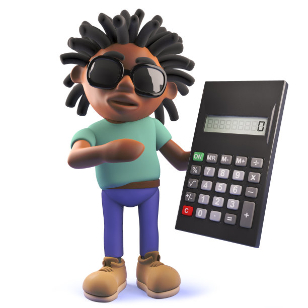 一个留着雷鬼辫的黑人拿着一个数字计算器，3d插图图片下载