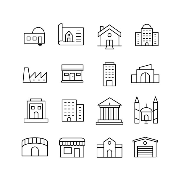 简单的一套建筑图标在时尚的线条风格。图片下载