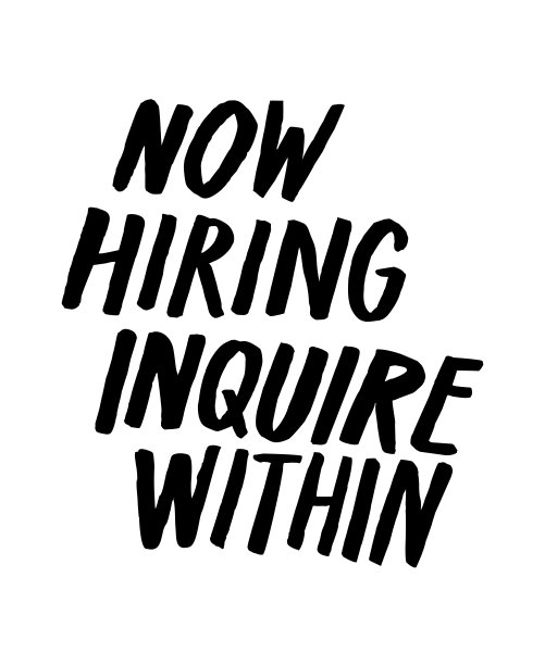 现招聘内询。手绘墨水和笔刷招聘标志用大写字母、大写字母、天真的排字风格带有个性。图片下载