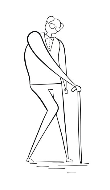 老人拄着拐杖走路，手绘矢量图。黑色的轮廓,白色。图片下载
