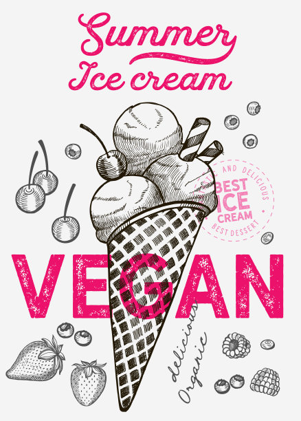 冰淇淋素食插图的餐厅在复古的背景。矢量手绘冰淇淋图标的食物和甜点咖啡馆。设计与字母和涂鸦图形水果和糖果。图片下载