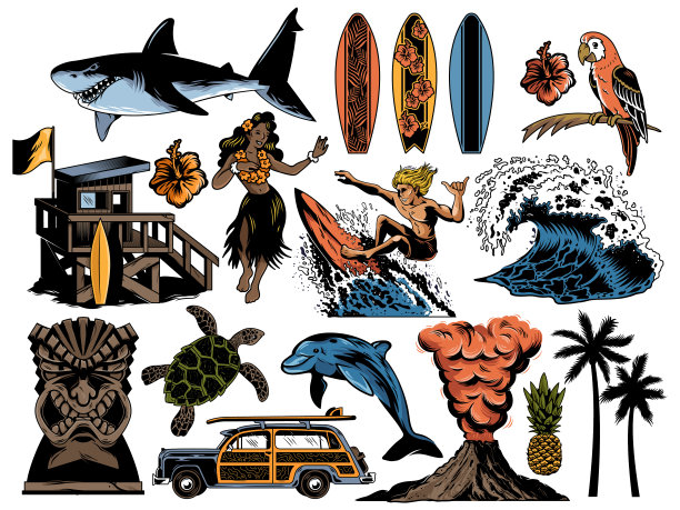 夏季天堂冲浪复古复古集图标图片下载