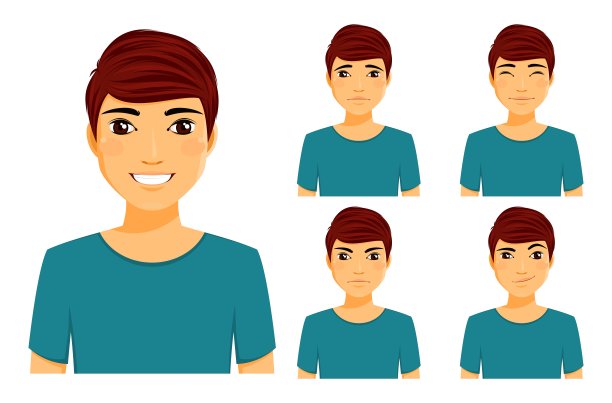 一系列的情绪。一个年轻人表现出不同的情绪。快乐的，悲伤的，愤怒的，快乐的。图片下载
