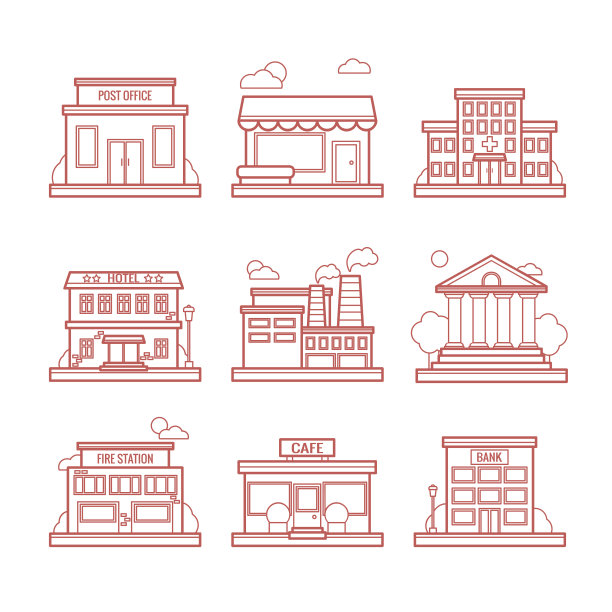 一套现代矢量线城市建筑的网页设计和插图图片下载