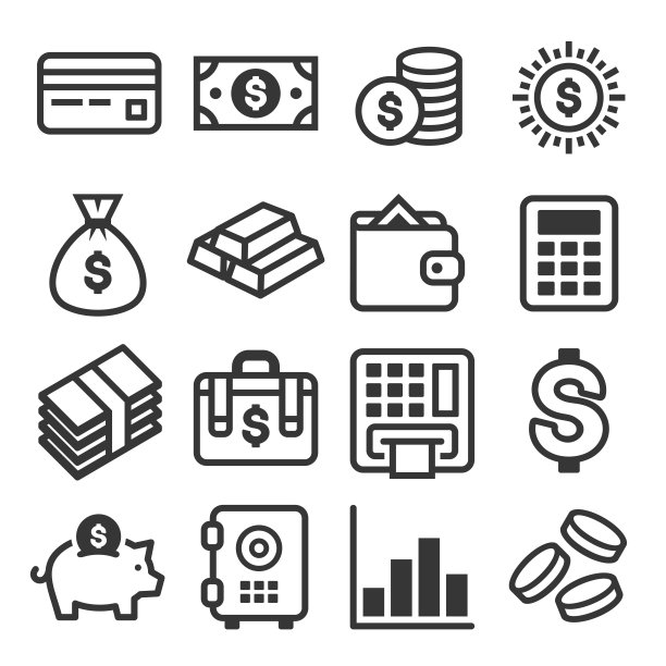 白色背景上的货币图标集矢量图图片下载