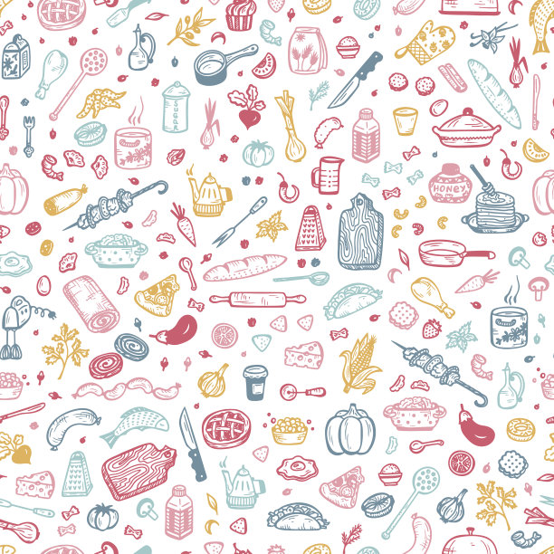 烹饪矢量无缝模式。手绘的食物和厨房用具图片下载