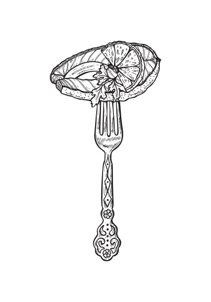 叉上的鲑鱼排。健康的产品。食物。手绘海鲜素描。鱼排配柠檬和欧芹。矢量图图片下载