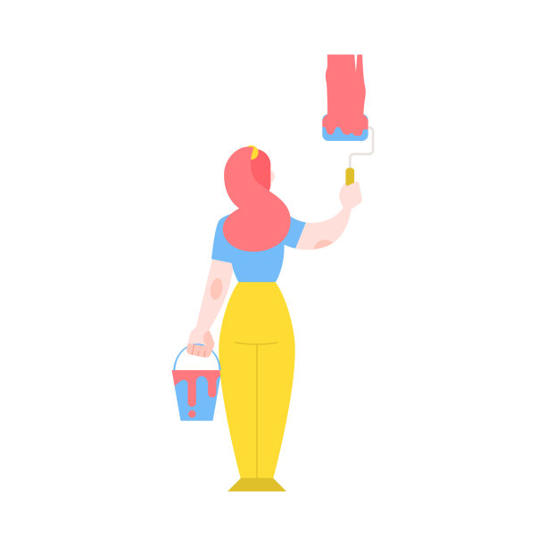 房屋建筑和修复概念的矢量插图与年轻女子画墙与滚轴。素材图片
