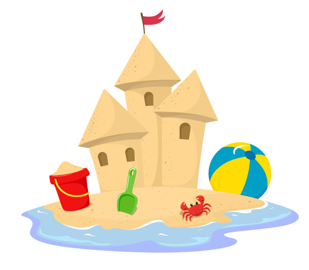 沙堡周围的水，一个桶，螃蟹，铲子和球。矢量插图在卡通风格上的白色背景。图片下载