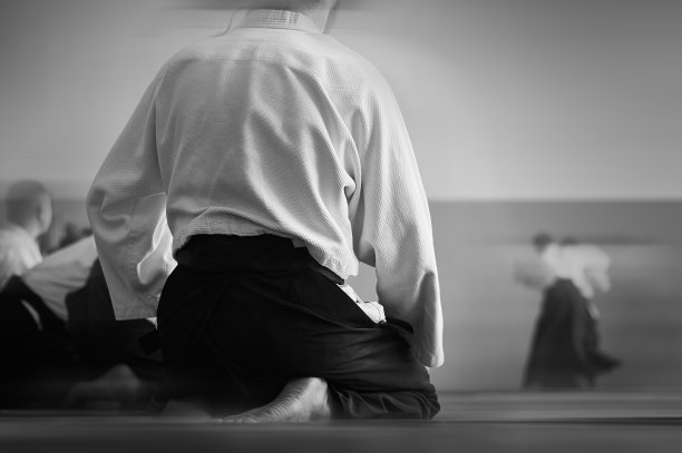 合气道训练。黑白图像。老师表示欢迎。合气道的传统服装形式。图片下载