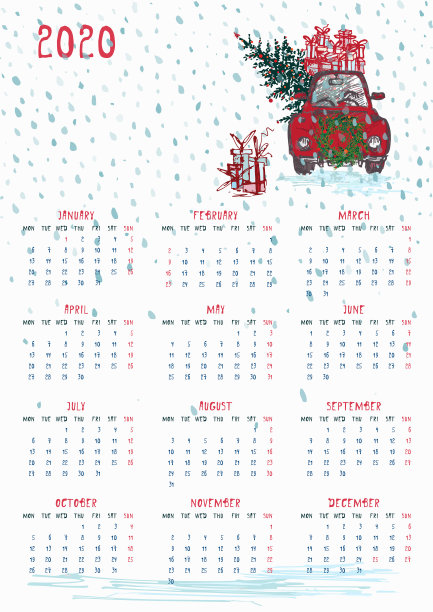 2020日历计划，红色圣诞卡车，新年树和庆祝礼物周一开始。A4尺寸。图片下载