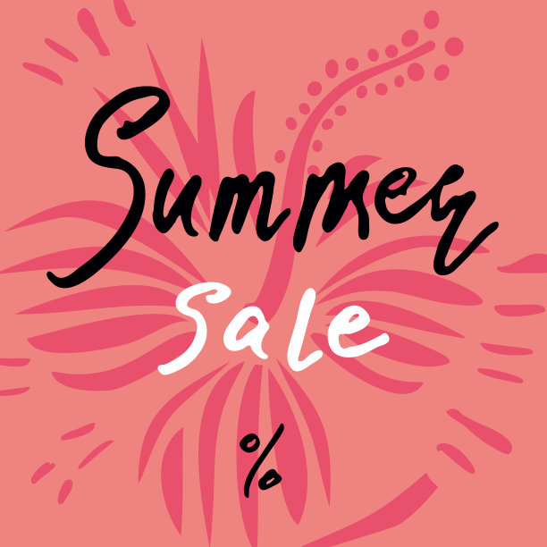 夏季销售图片书法手写体在夏季热带木槿花抽象背景。图片下载