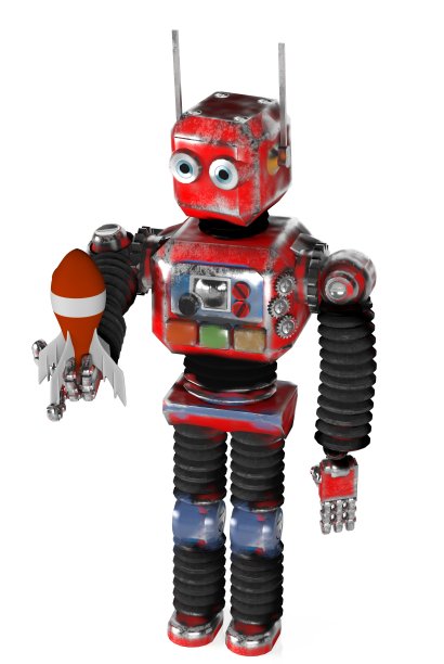 带火箭的复古机器人，渲染，3d。图片下载