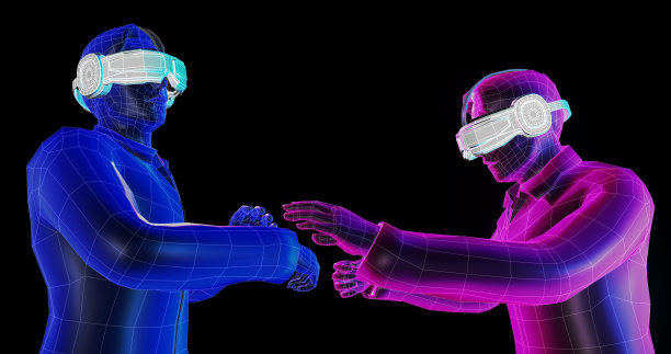 3D渲染线框图上的两名男子，戴着VR眼镜访问未来的虚拟现实和图片有剪切路径图片下载