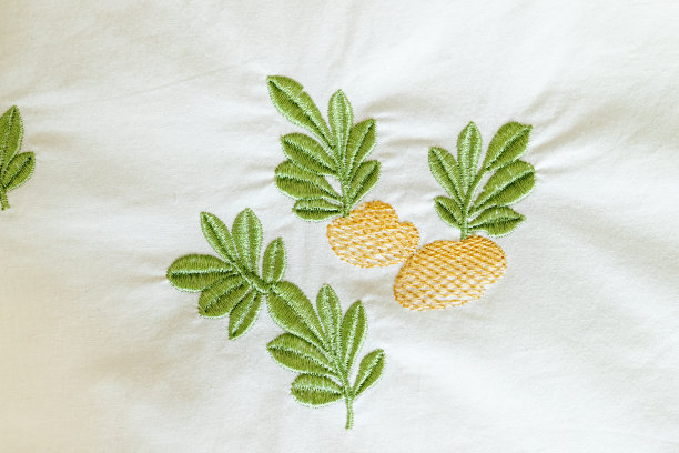 手绣叶纹，中国刺绣，绣在布上图片下载