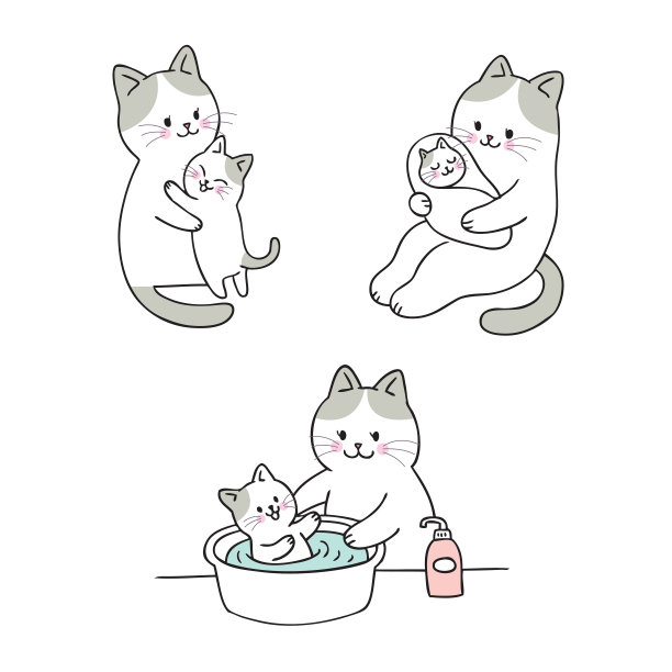 卡通可爱的妈妈和宝宝猫淋浴矢量。图片下载