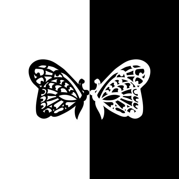 黑白背景上的蝴蝶剪影。平面设计，矢量。图片下载