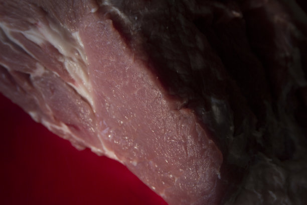 红色背景上的新鲜猪肉。照片为文本图片下载