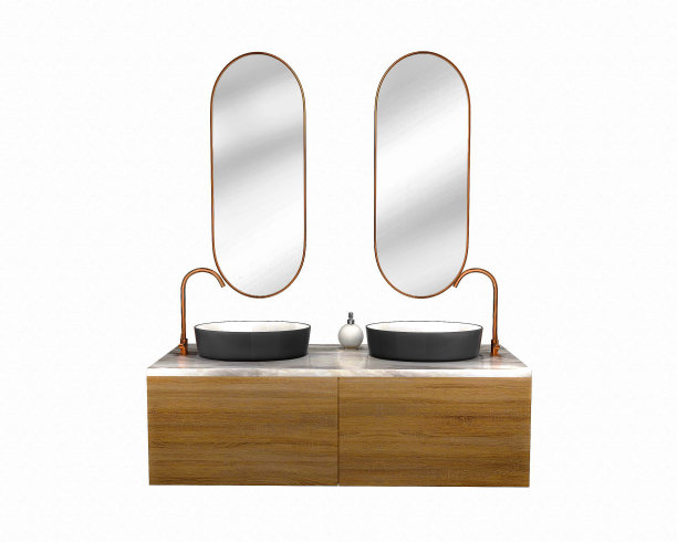 带胶囊形壁挂镜的双人浴室柜图片下载