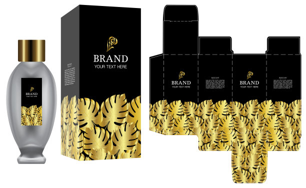 包装设计，化妆品容器上的标签与黑色豪华盒模板和模型盒。说明向量。图片下载