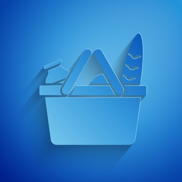 剪纸购物篮和食品图标孤立在蓝色背景。食品商店,超市。纸艺术风格。矢量图图片下载