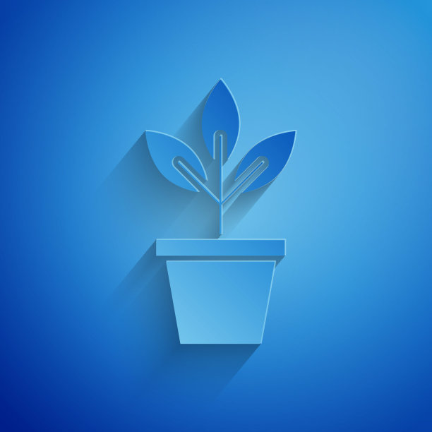 剪纸花在盆图标孤立在蓝色背景。盆栽植物。盆栽植物标志。纸艺术风格。矢量图图片下载