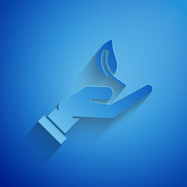 剪纸萌芽手握环保图标孤立在蓝色背景上。种子和幼苗。种植树苗。生态学的概念。纸艺术风格。矢量图图片下载