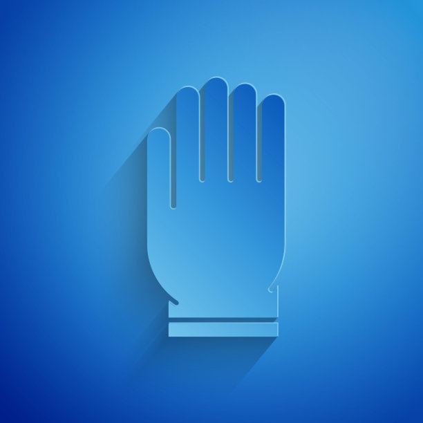 剪纸花园手套图标孤立在蓝色背景。橡胶手套的迹象。种田手保护，手套安全。纸艺术风格。矢量图图片下载