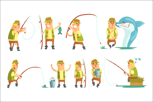 渔民在不同有趣的情况下设置的插图图片下载