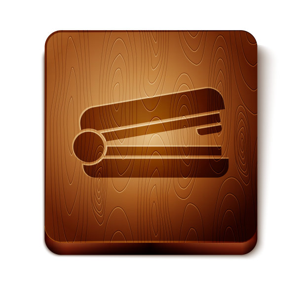 棕色办公订书机图标孤立在白色背景。订书机，订书钉，纸，纸板，办公设备。木制方形按钮。矢量图图片下载