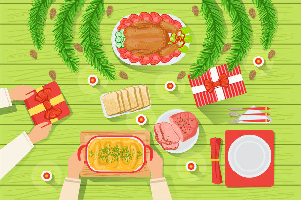 夫妇与传统的圣诞餐桌从上面看图片下载