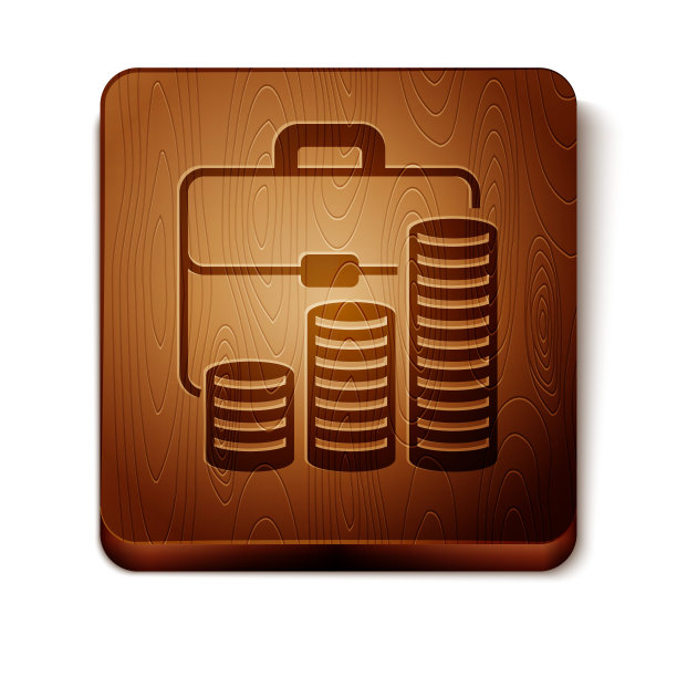 棕色公文包和硬币图标孤立在白色背景。业务用例的迹象。业务组合。木制方形按钮。矢量图图片下载