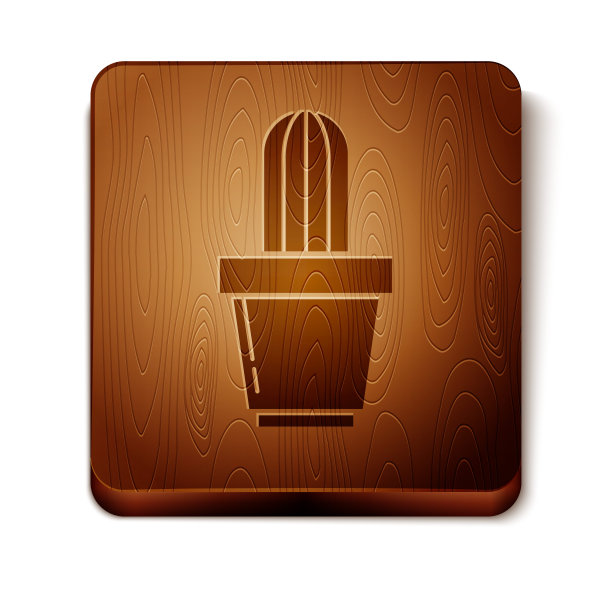 棕色仙人掌和多汁的盆图标孤立在白色背景。盆栽植物。盆栽植物标志。木制方形按钮。矢量图图片下载