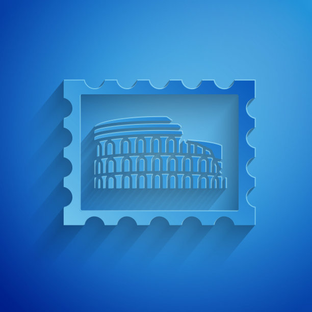 剪纸邮票和蓝色背景的体育馆图案。罗马圆形大剧场的迹象。古罗马角斗士的象征。纸艺术风格。矢量图图片下载