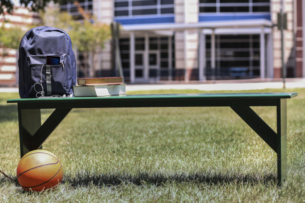 教育对象在学校前面的空长凳上。图片下载