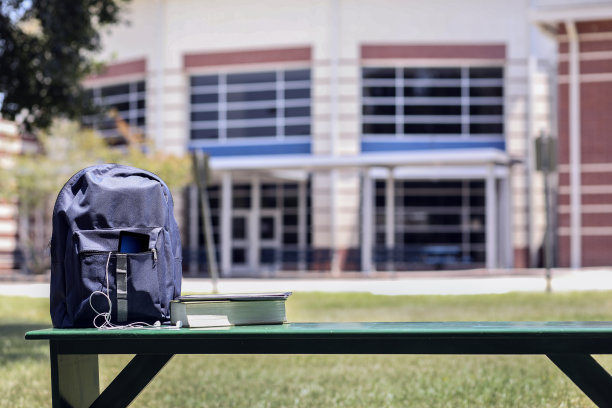 教育对象在学校前面的空长凳上。图片下载