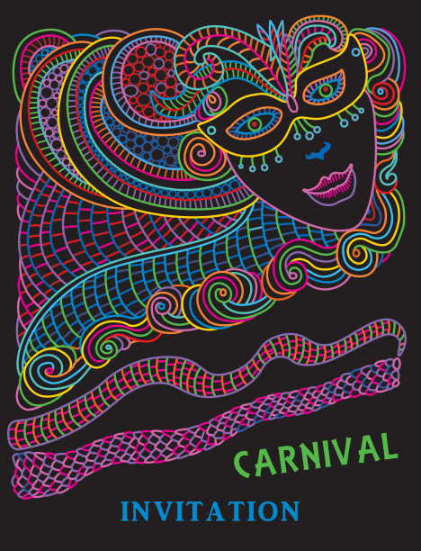 狂欢节派对请帖，狂欢节节日问候。矢量抽象假面舞会画，女士在面具，羽毛羽毛，扇子，卷轴。霓虹彩色轮廓涂鸦素描在黑色的背景。图片下载