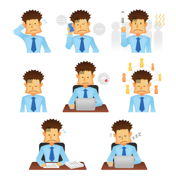年轻的亚洲商人矢量插图集(上身)/压力，挫折，疲劳。图片下载