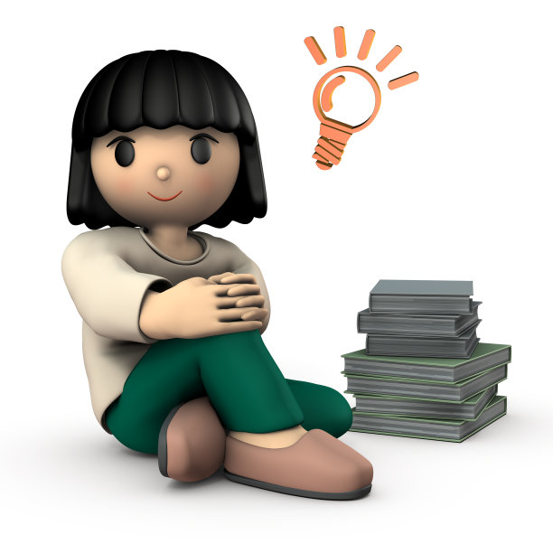 一个坐在一大堆书旁边的女孩。她受到了某种东西的启发。白色背景。3 d演示。图片下载