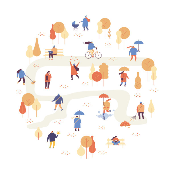 秋天的公园景观。不同的人穿着暖和的衣服在城市公园的户外玩。图片下载