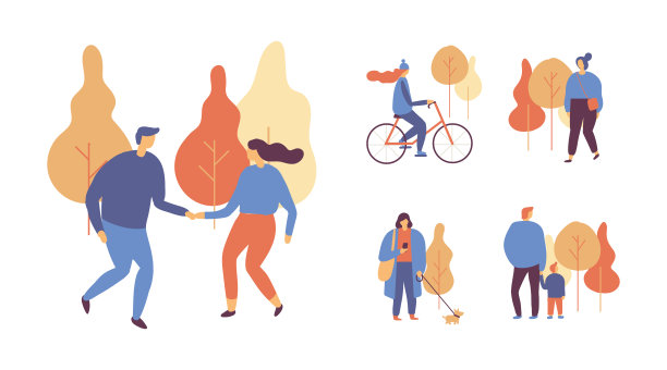 秋天的公园景观。不同的人穿着暖和的衣服在城市公园的户外玩。图片下载