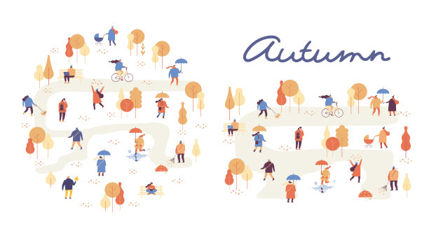 秋天的公园景观。不同的人穿着暖和的衣服在城市公园的户外玩。图片下载