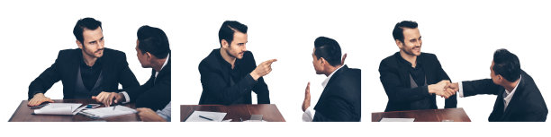 在成功的商务谈判会议后，商人们会与有问题的业务进行紧张的协商和握手。在一个白色的背景孤立。图片下载