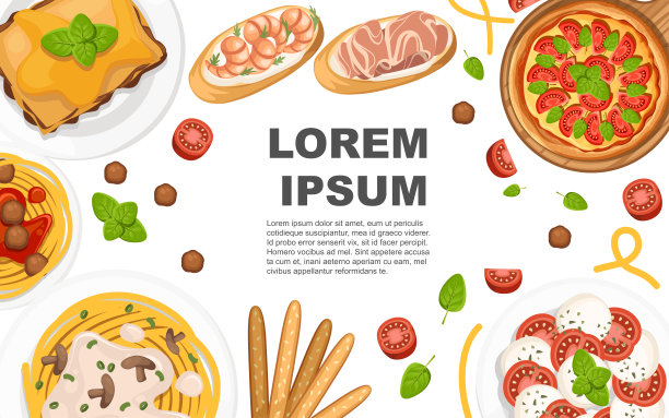 意大利菜。披萨，意大利面，意大利调味饭，意式烤面包和grissini。菜单标识和标签的概念。平面矢量插图上的白色背景。放置文字，水平横幅图片下载