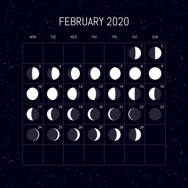 2020年的月相日历。2月。晚上背景设计。矢量图图片下载