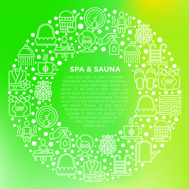 温泉和桑拿概念在圈与细线图标:按摩油，毛巾，蒸汽房，淋浴，肥皂，桶和勺子，湿度计，游泳池，凉茶，桦树，搅拌器。矢量图图片下载