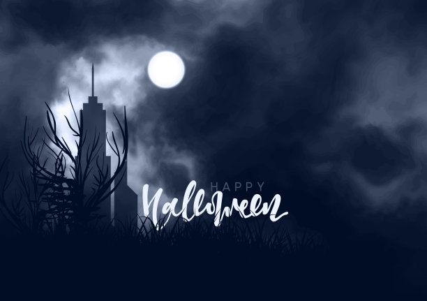 万圣节的背景。夜空中云明亮，月亮闪闪发光。雾中的森林图片下载