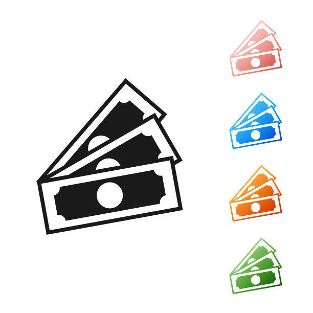 黑色烟囱纸币现金图标孤立在白色背景。钱钞票栈。比尔的货币。设置图标丰富多彩。矢量图图片下载