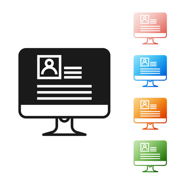 黑色电脑显示器，简历图标隔离在白色背景上。简历的应用程序。寻找专业人员。分析人员的简历。设置图标丰富多彩。矢量图图片下载